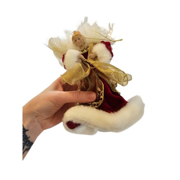 Christmas Angel Tree Topper 12" Tall Red White Porcelain Accents - Picture 6 of 6